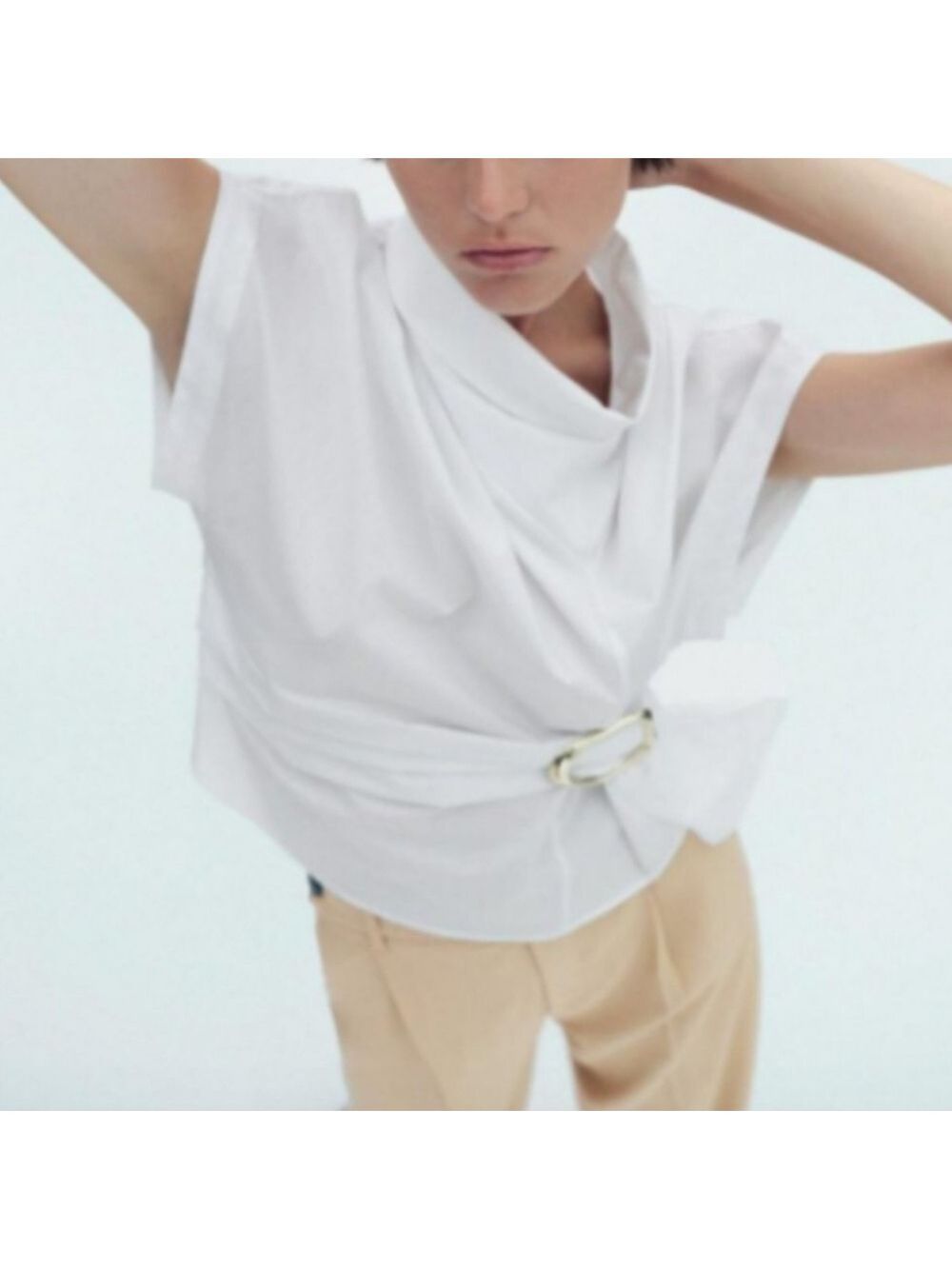 NWT Zara White Sleeveless Poplin Top with Gold Buckle Detail, Size S - Picture 2 of 6
